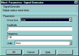 Окно и значения параметров блока Signal Generator