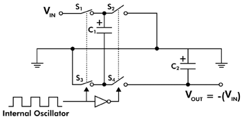 Схема работы преобразователя с переносом заряда на коммутируемых конденсаторах TC7662A.