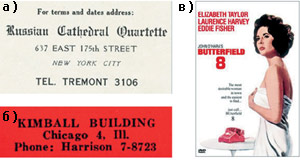 Записи телефонных номеров: а) 1924 год, номер телефона TREmont 3106 (873-3106); б) 1948 год, номер телефона HArrison 7-8723 (427-8723); в) 1960 год, фильм с Элизабет Тейлор, BUtterfield 8 (288).