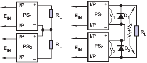 Схема последовательного включения с выравнивающими резисторами (а); схема последовательного включения с реверсивными диодами (б).