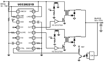 Упрощенная схема двухфазного преобразователя на UCC28221.