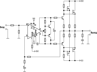 Принципиальная схема включения LM4702 с использованием в выходном каскаде MOSFET полевых транзисторов 