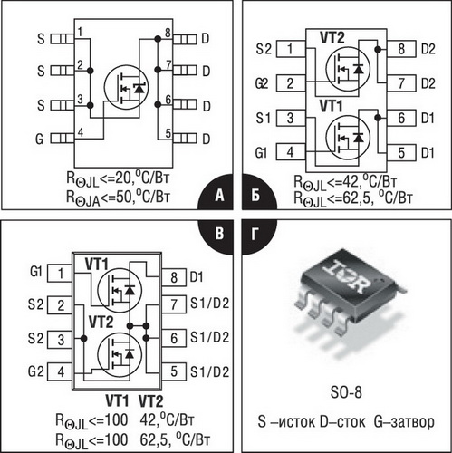 Расположение выводов и схема внутренних подключений MOSFET транзисторов в корпусе SO-8 